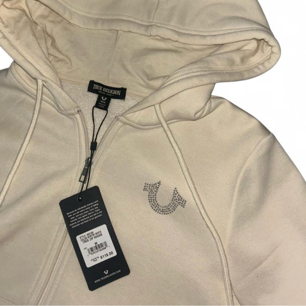 True Religion Cream ZipUp Hoodie With Rhinestone Logo